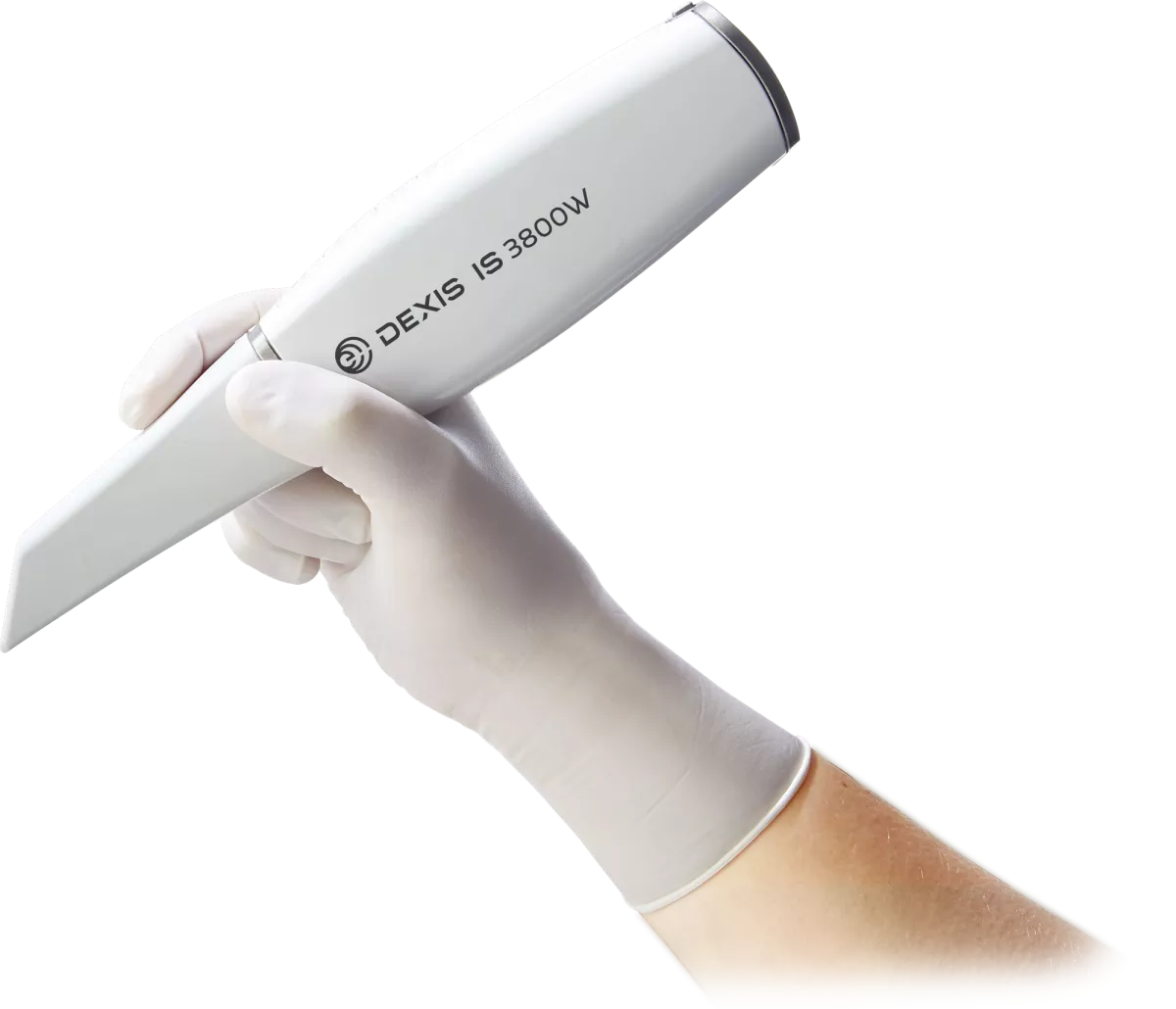 Intraoral scanner DEXIS IS 3800W in right hand with chirurgical glove